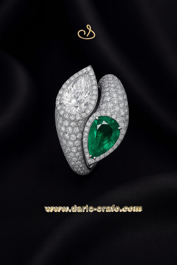 Anello Colore 096 contrarie' goccia diamante e smeraldo