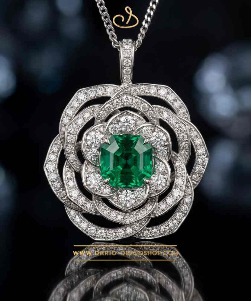 Ciondolo Smeraldo 001 quadrato ottagonale con diamanti a forma di fiore