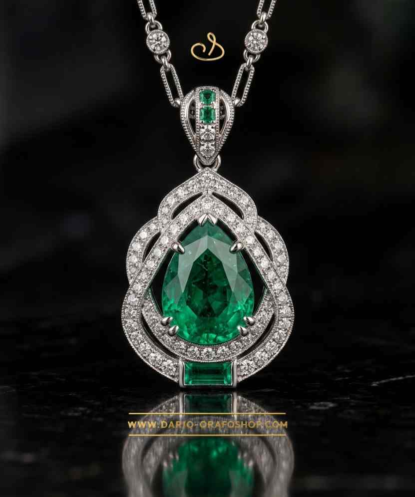 Ciondolo Smeraldo 016 a 2 smeraldi goccia e rettangolare contornato con diamanti