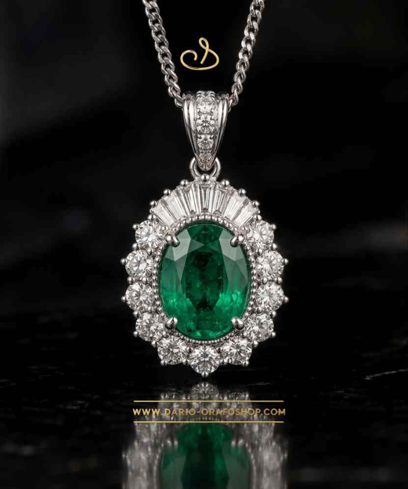 Ciondolo Smeraldo 018 ovale contornato con diamanti tondi e baguetta