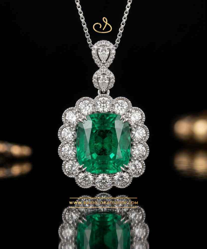 Ciondolo Smeraldo 029 quadrato ottagonale contornato con diamanti